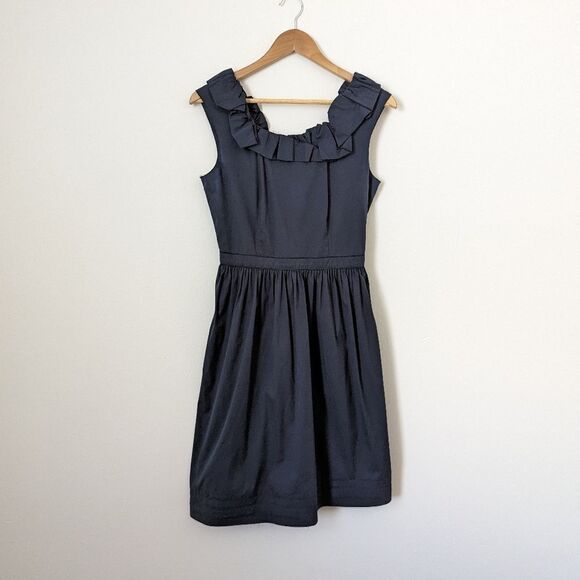 Prada navy blue ruffle stretch cotton square neck sleeveless mini dress - Picture 1 of 5